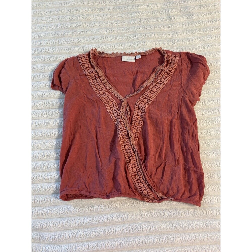 New York & Co. Boho Crochet Blouse V Neck Women’s Small Coral Orange Rust Hippie